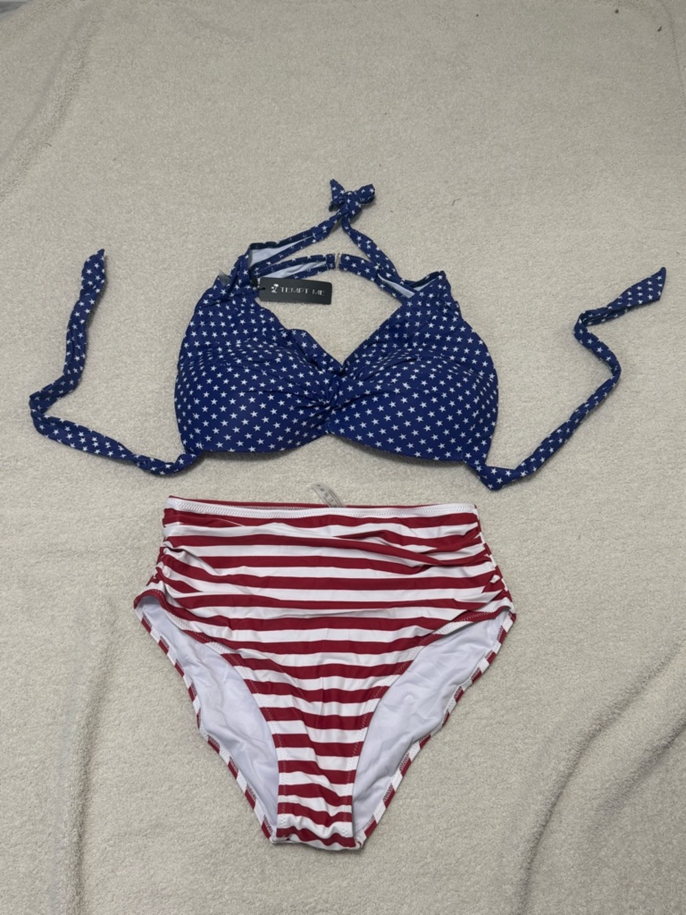 Navy Star Halter Bikini Top with Red Stripe High-Waist Bottom
